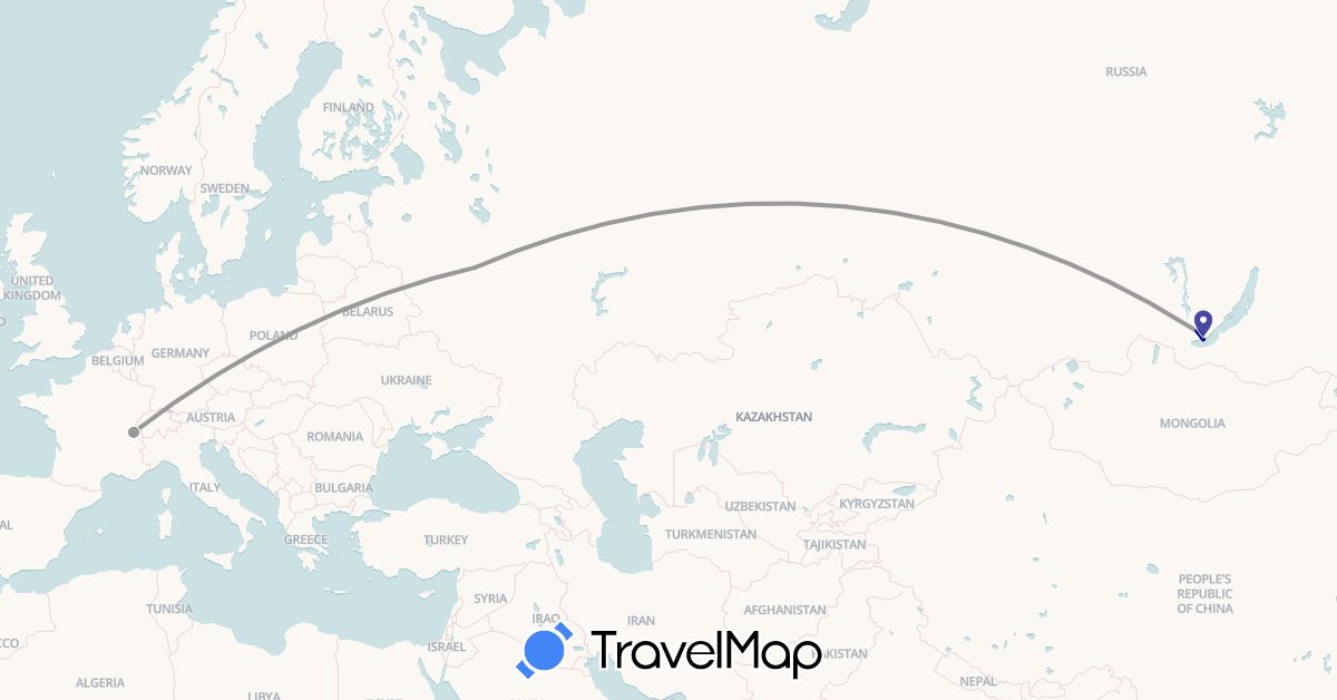 TravelMap itinerary: driving, plane in Switzerland, Russia (Europe)